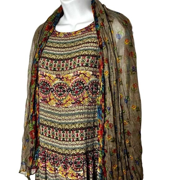 Hemant & Nandina  Anthropologie Silk Beaded Drop Waist Boho Dress w Scarf, SZ 10 - Picture 4 of 15